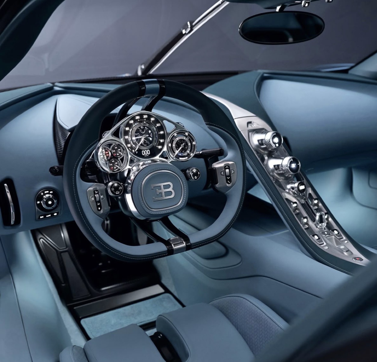Bugatti steering wheel and blue leather interior